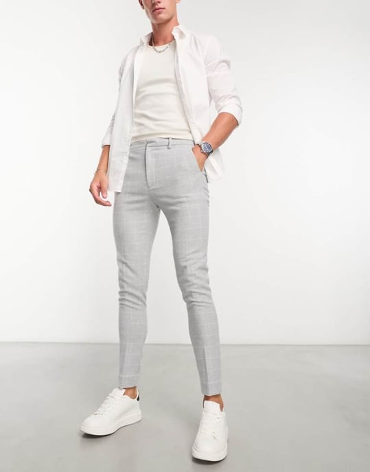 ASOS DESIGN super skinny ullblandning smarta byxor i grå rutmönster - Image 1