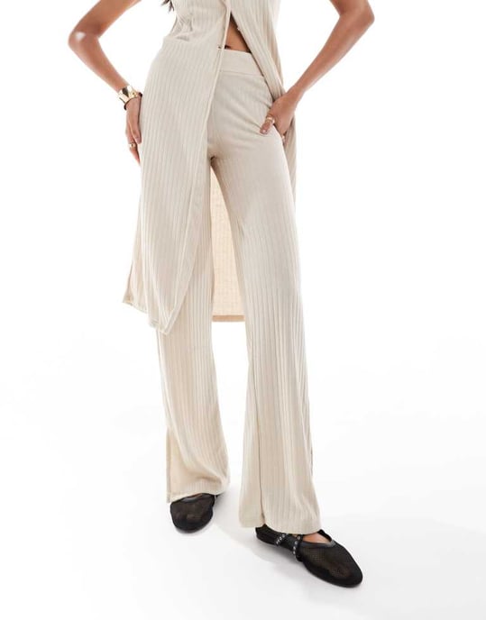 Vero Moda vida byxor med ribbat jersey i havre - Image 2