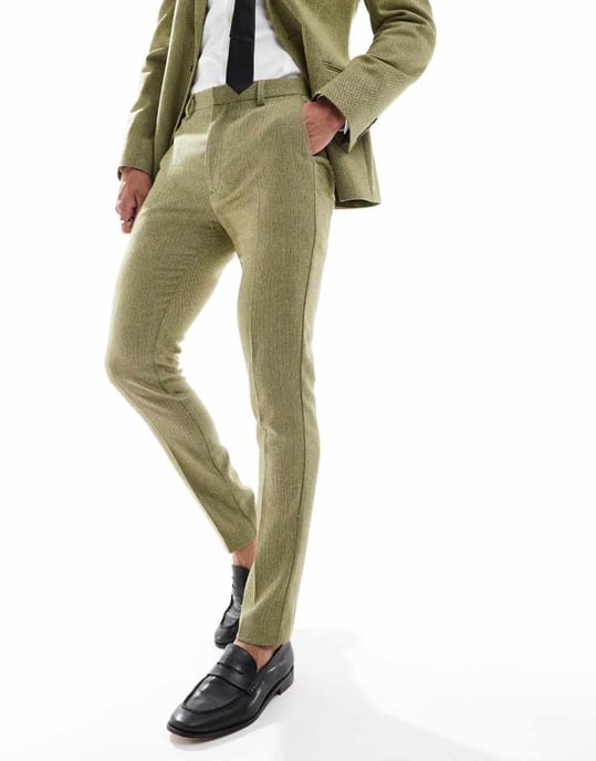 ASOS DESIGN smalullmix kostymbyxa i olivgrön korgvävtexture - Image 2