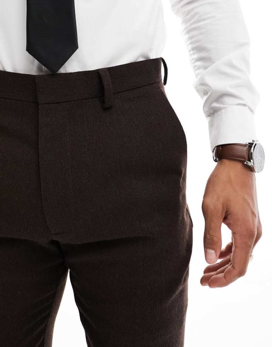 ASOS DESIGN bröllopssläms ullblandning kostymbyxor i mörkbrun korgvävtextur - Image 3
