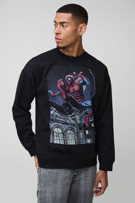 Oversized Spiderman Christmas License Print Sweatshirt - Image 1