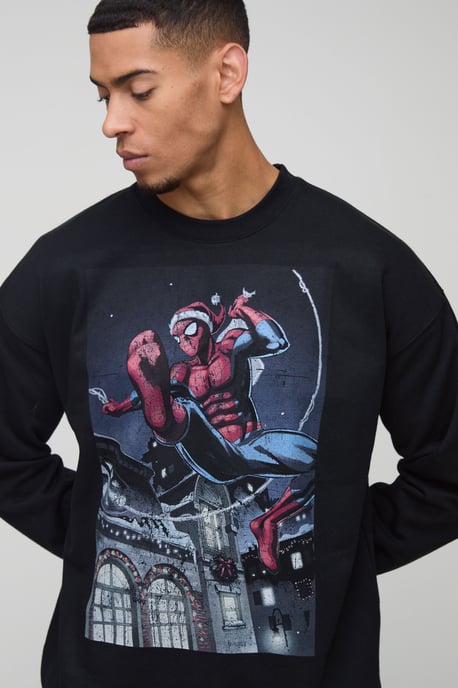 Oversized Spiderman Christmas License Print Sweatshirt - Image 3