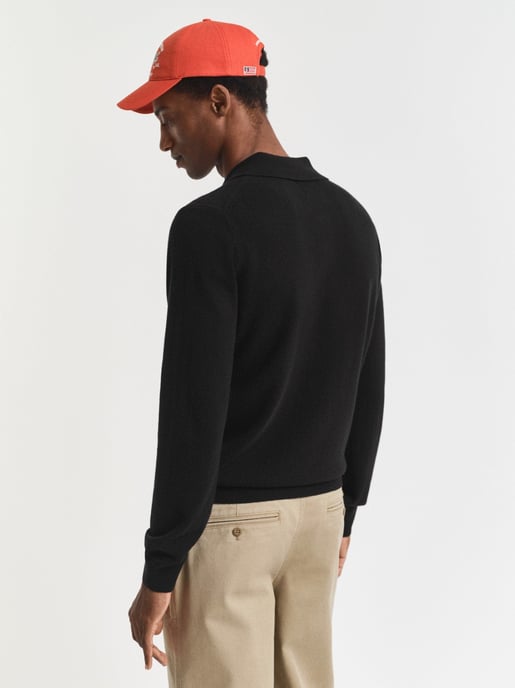 Mens Black Superfine Lambswool Polo Sweater - Image 3
