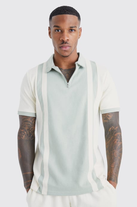 Slim Panelled Zip Neck Interlock Polo - Image 1