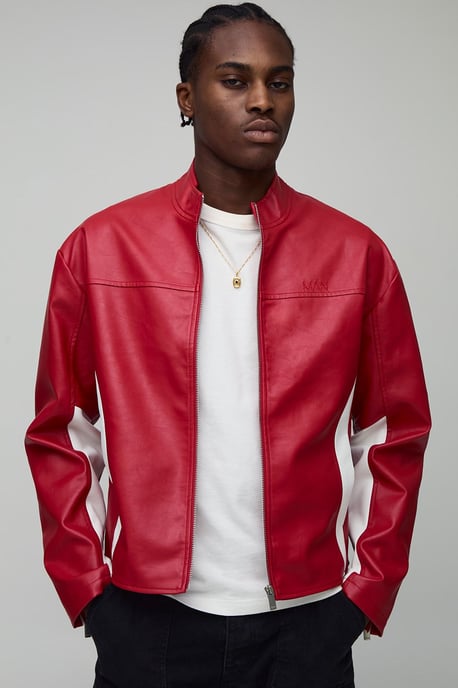Boxy Fit Colour Block Panel PU Biker Jacket - Image 1