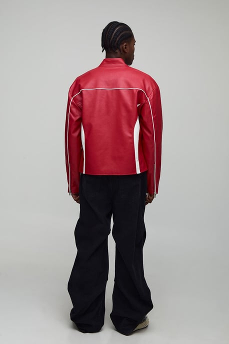 Boxy Fit Colour Block Panel PU Biker Jacket - Image 2