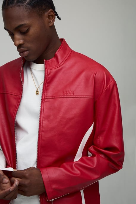 Boxy Fit Colour Block Panel PU Biker Jacket - Image 3