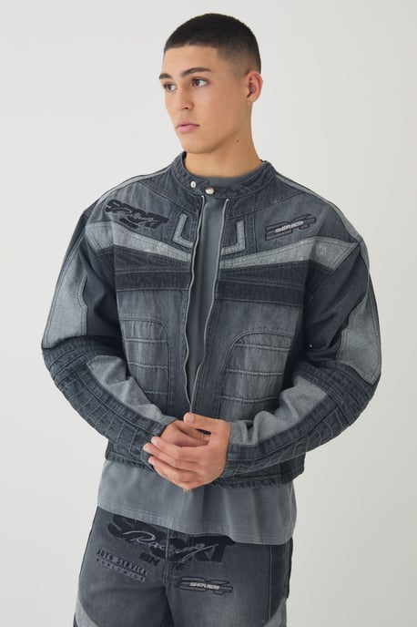 Boxy Denim Moto Applique Biker Jacket - Image 3