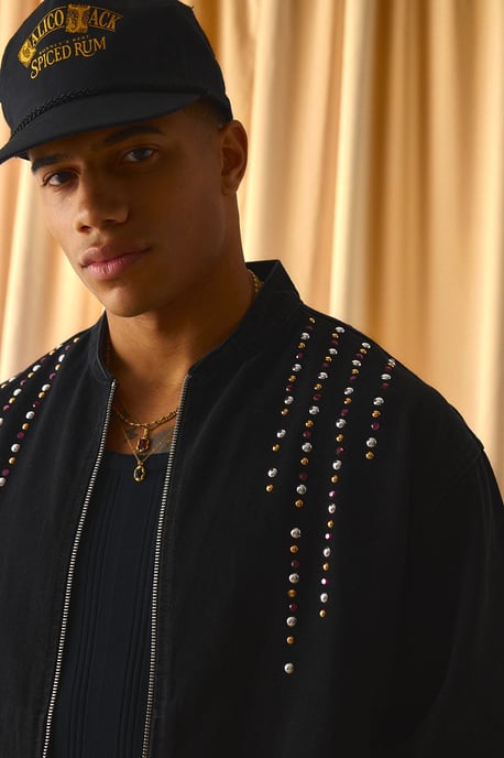 Boxy Embellished Denim Bomber Jacket - Image 3