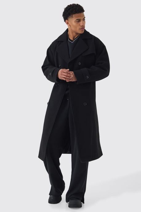 Oversized Double Breasted Trench Overcoat In Black - Image 1