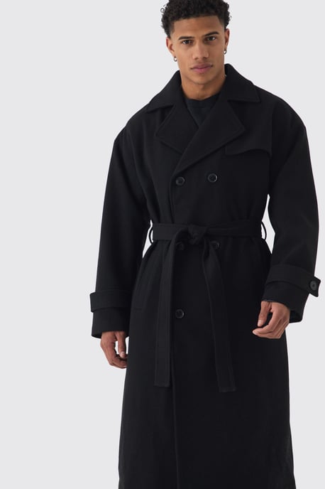 Oversized Double Breasted Trench Overcoat In Black - Image 3