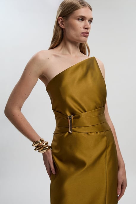 Satin Twill Trim Detail Structured Asymmetric Neck Tailored Midi Dress - Image 1