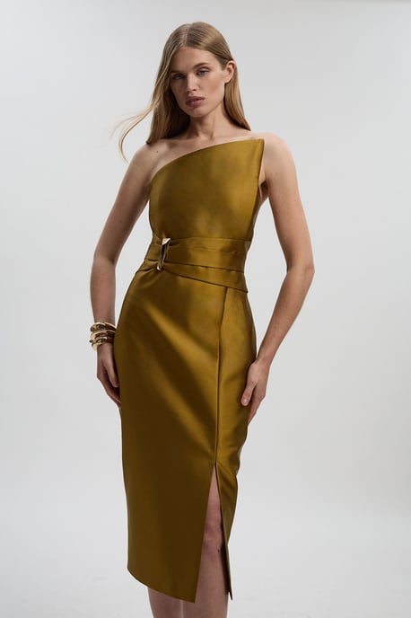 Satin Twill Trim Detail Structured Asymmetric Neck Tailored Midi Dress - Image 2