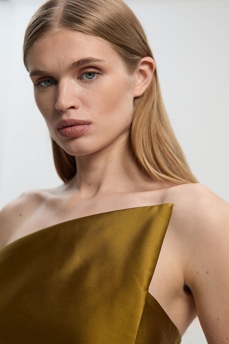 Satin Twill Trim Detail Structured Asymmetric Neck Tailored Midi Dress - Image 3