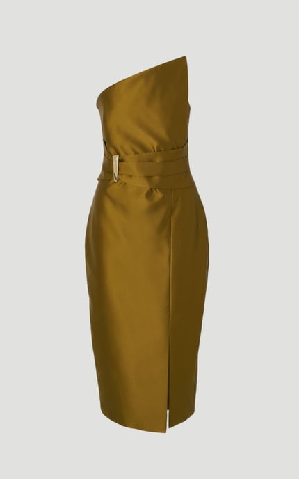 Satin Twill Trim Detail Structured Asymmetric Neck Tailored Midi Dress - Image 4