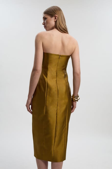 Satin Twill Trim Detail Structured Asymmetric Neck Tailored Midi Dress - Image 5