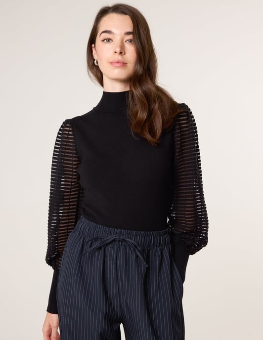Semi-Sheer Mesh Panel Long Sleeve Jumper - Image 1