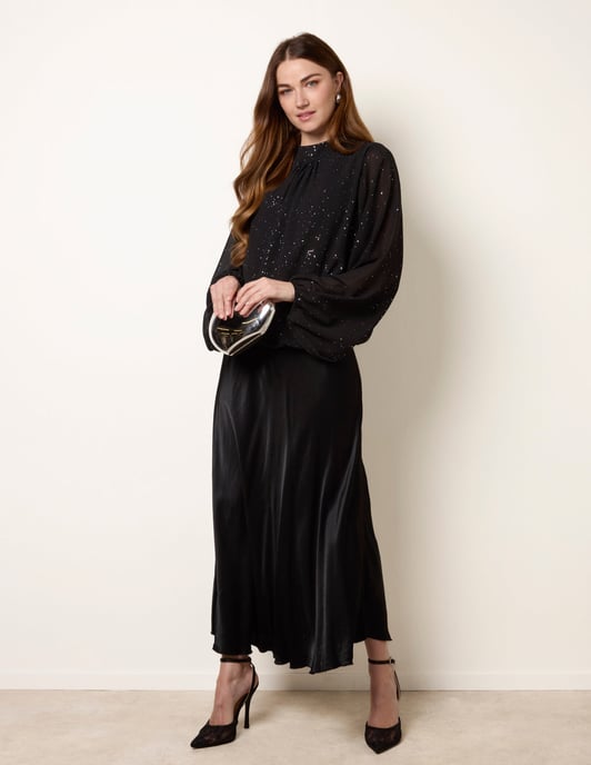 Metallic Sparkle Chiffon High Neck Puffball Top - Image 2