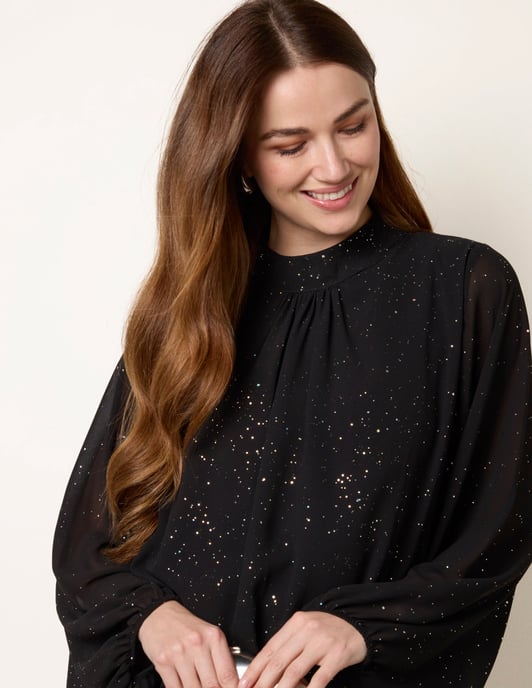 Metallic Sparkle Chiffon High Neck Puffball Top - Image 3