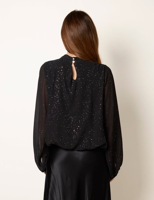 Metallic Sparkle Chiffon High Neck Puffball Top - Image 4