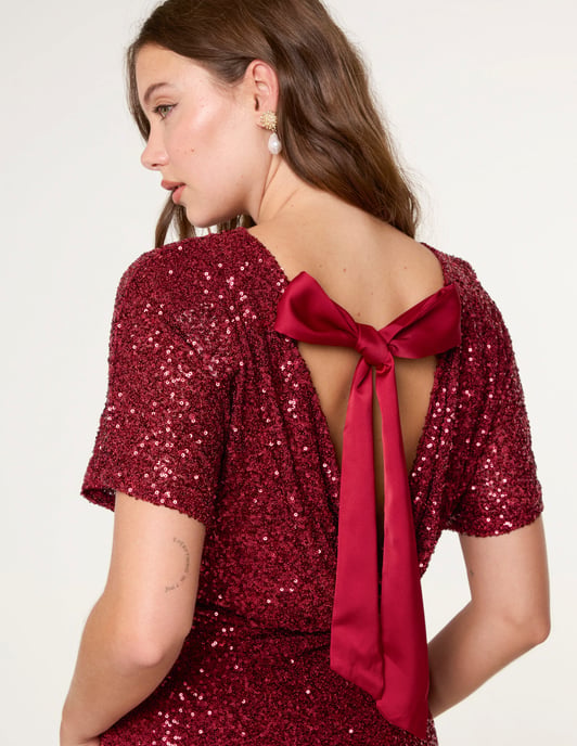 Satin Bow Back Sequin Dress - Image 4