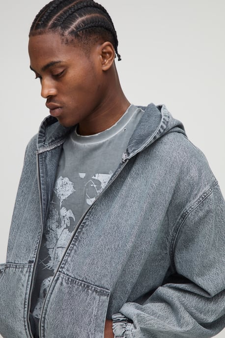 Oversized Boxy Washed Denim Hoodie - Image 3