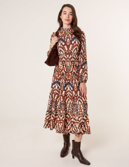 Frilled Shirred High Neck Shirred Waist Dress - Image 1