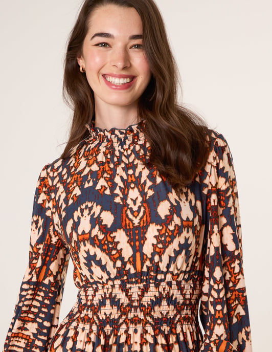 Frilled Shirred High Neck Shirred Waist Dress - Image 2