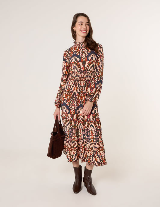 Frilled Shirred High Neck Shirred Waist Dress - Image 3