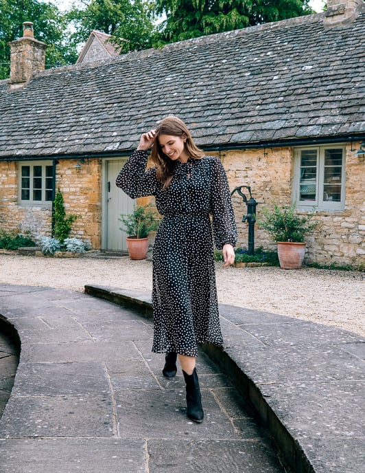 Polka Dot Tie Neck Midi Dress - Image 1