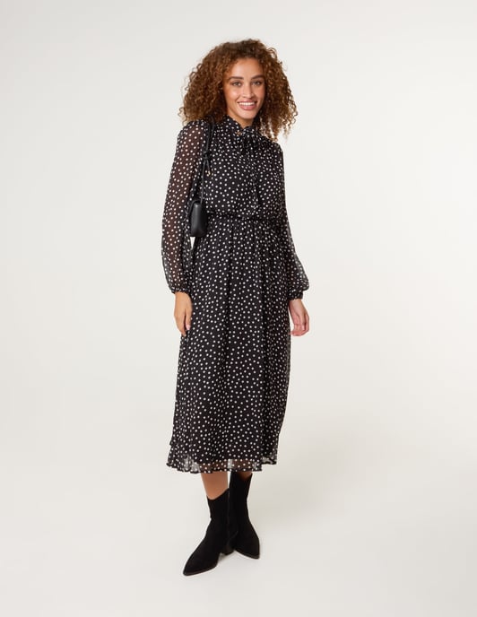 Polka Dot Tie Neck Midi Dress - Image 3