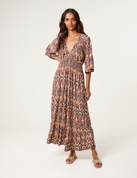 Elasticated Neck Shirred Waist Midi Dress - Image 3