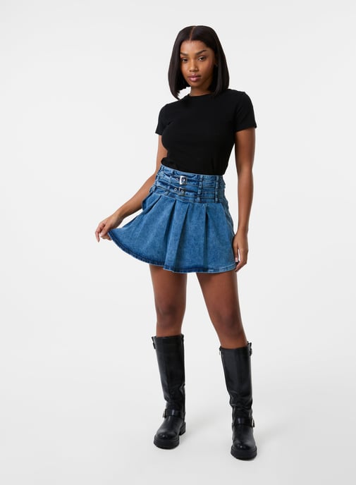 Denim Double Belt Pleat Mini Skirt - Image 1