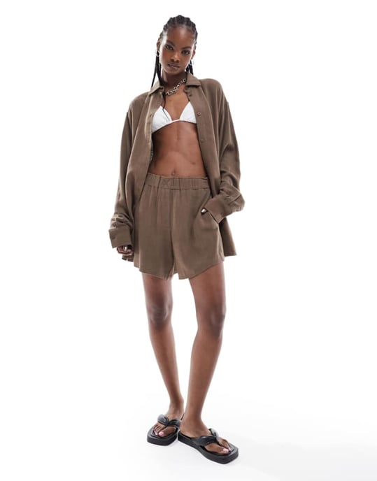 Weekday Ava co-ord linen mix shorts in brown - Image 1
