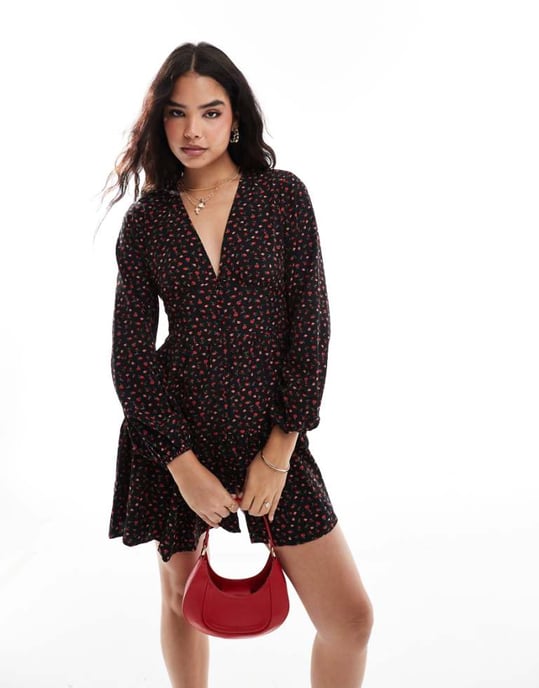 Vila smock buttondown floral mini dress in black - Image 1