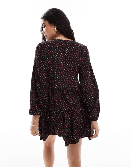 Vila smock buttondown floral mini dress in black - Image 2