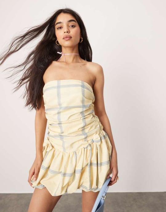 ASOS DESIGN ultimate bandeau mini puffball dress with bow skirt in yellow and blue check - Image 2