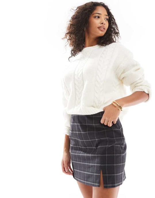 Object notch front tailored skirt in dark grey melange with windowpane check - Image 4
