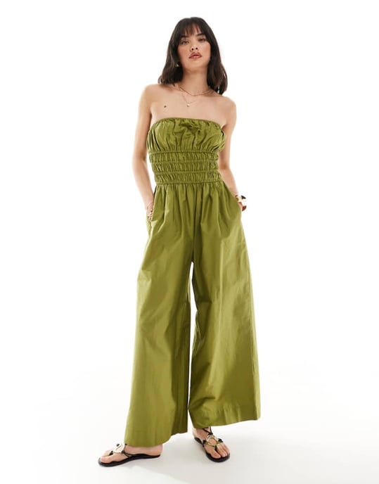 ASOS DESIGN rynkad bodice vid ben jumpsuit i khaki - Image 1