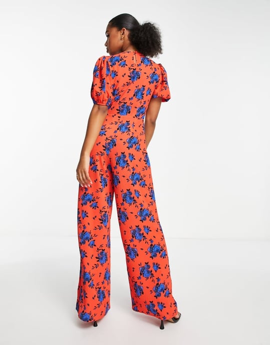ASOS DESIGN bubbelflanell V-ringad jumpsuit med puffärmar i blommönster - Image 2