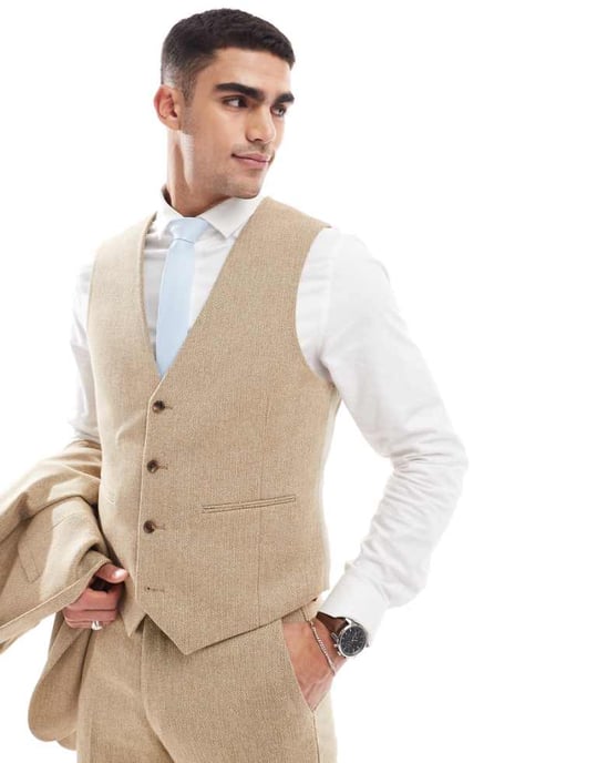 ASOS DESIGN wedding slim wool mix suit waistcoat in beige basketweave texture - Image 1