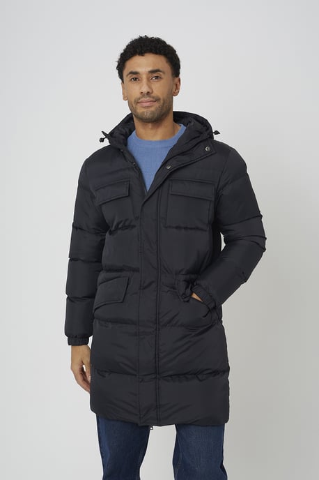 Black Longline Hooded Padded Jacket With Patch Pockets - Image 1