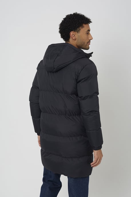 Black Longline Hooded Padded Jacket With Patch Pockets - Image 2