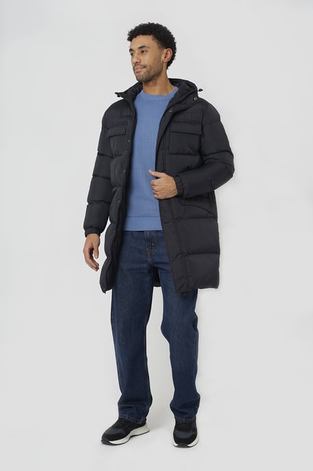 Black Longline Hooded Padded Jacket With Patch Pockets - Image 3