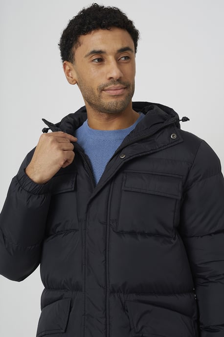 Black Longline Hooded Padded Jacket With Patch Pockets - Image 4