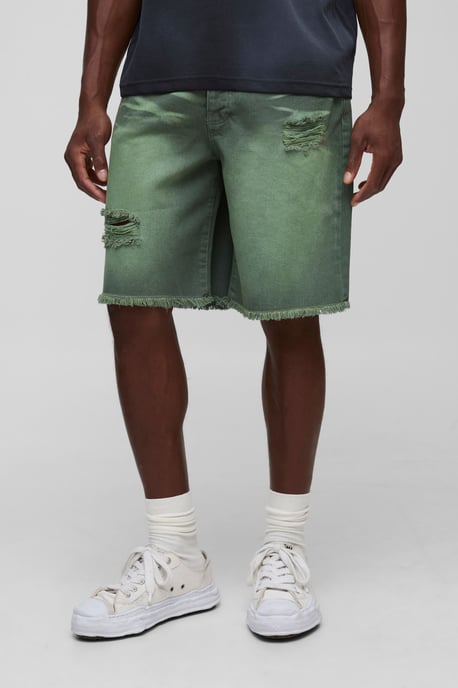 Relaxed Fit Ripped Green Tinted Denim Shorts - Image 1