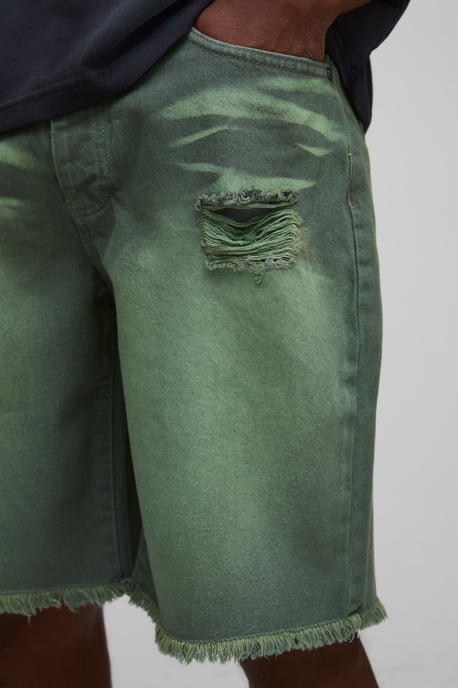 Relaxed Fit Ripped Green Tinted Denim Shorts - Image 3