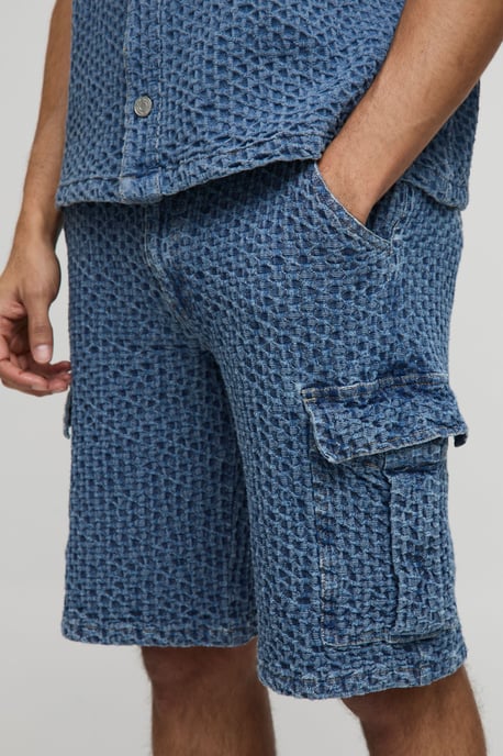 Relaxed Textured Denim Cargo Shorts - Image 3