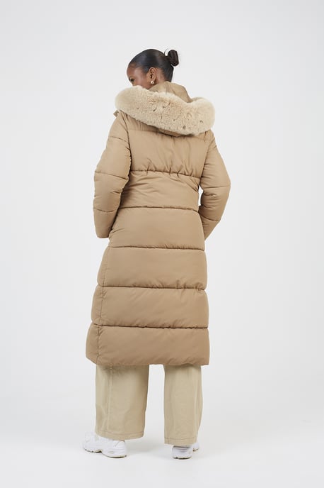 Tan Maxi Hooded Padded Jacket With Detachable Faux Fur Trim - Image 2