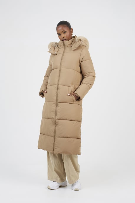 Tan Maxi Hooded Padded Jacket With Detachable Faux Fur Trim - Image 3